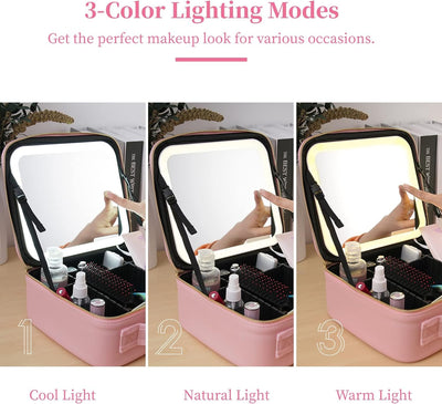 Makeup Bag with Lighted Mirror, Case Setting & Adjustable Dividers (Pink)