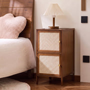 Wooden Cane Storage Cabinet with Rattan Doors - Brown