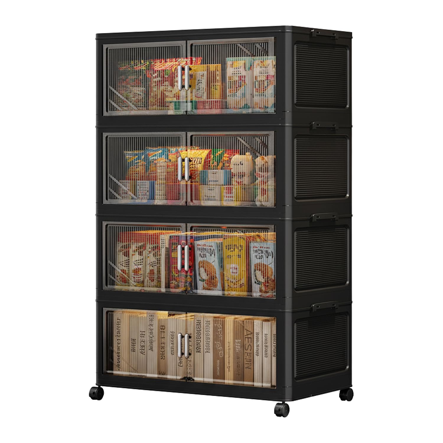 Foldable Storage Box with Wheels & Transparent Windows (Black, 62cm)