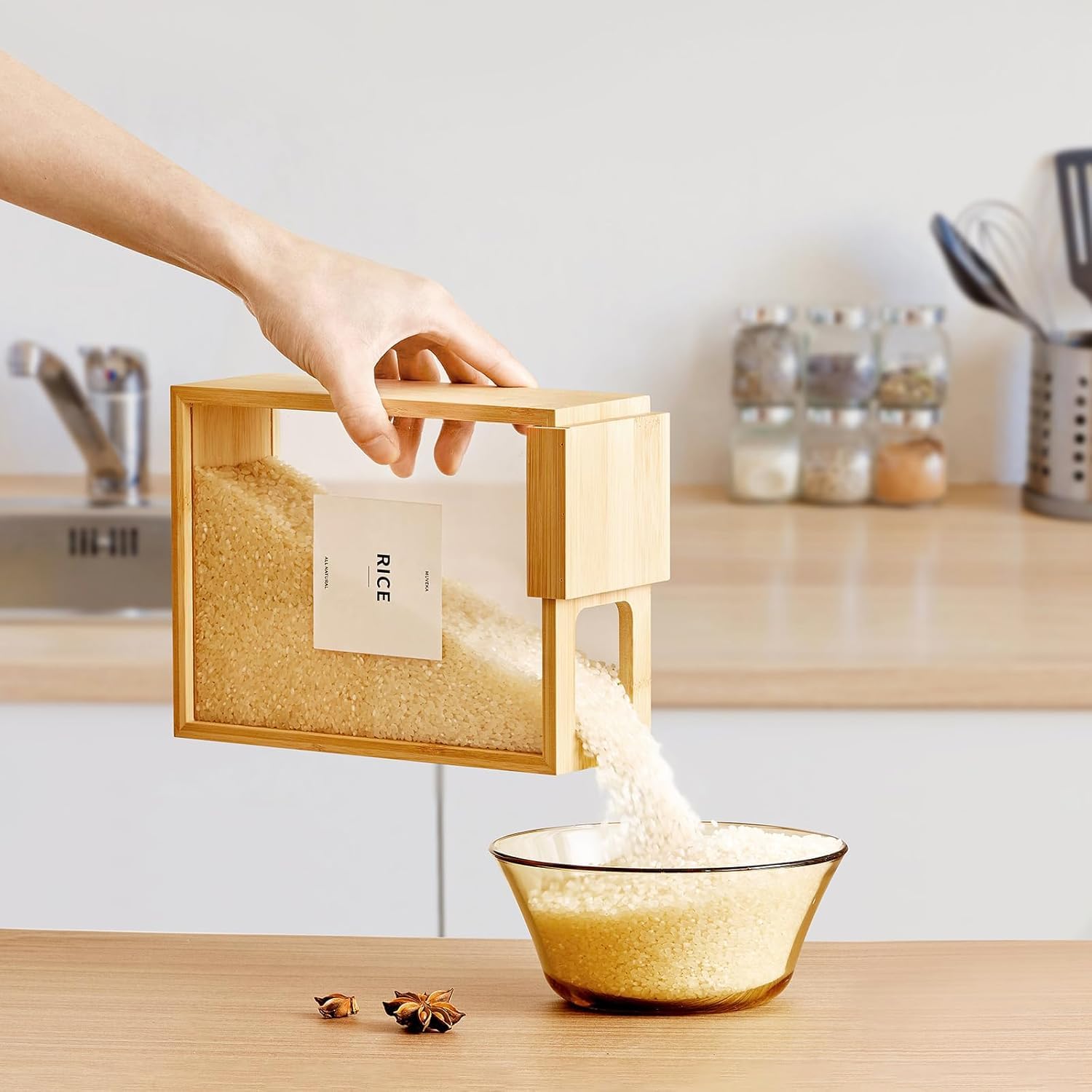 3.5L Bamboo Food Dispenser with PVC Door – Stylish, Easy-Clean Storage for Kitchen Essentials