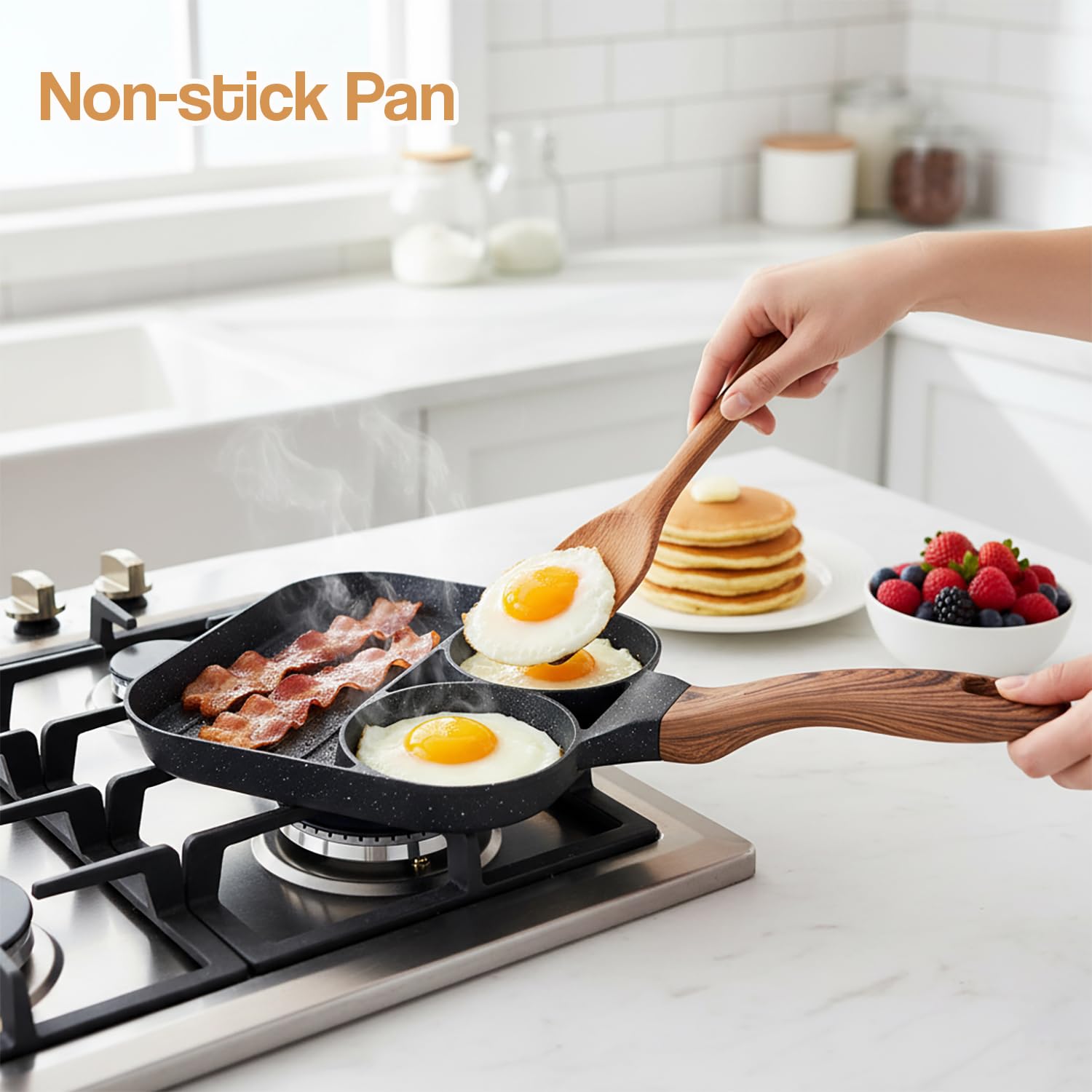3-in-1 Nonstick Frying Pan Mini Divided Grill Pan with 3 Sections (Black)