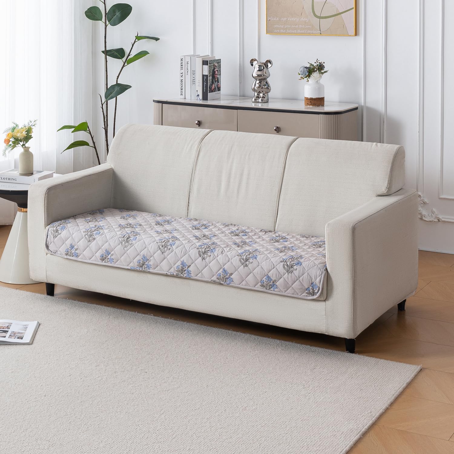 Printed Quilted Sofa Cover for 1/2/3/4 Seater Anti-Slip- Beige Wildflower
