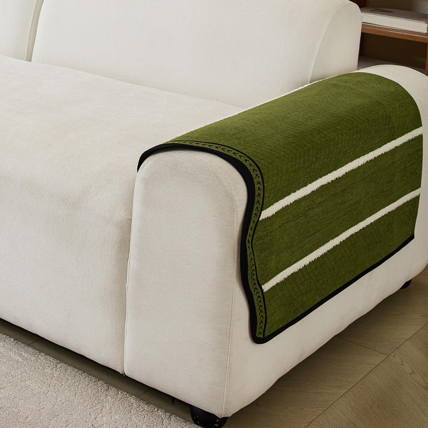 Loom Stripe Series Chenille Couch Cover Curved Edge Quilted Non-Slip Slipcover (Green)