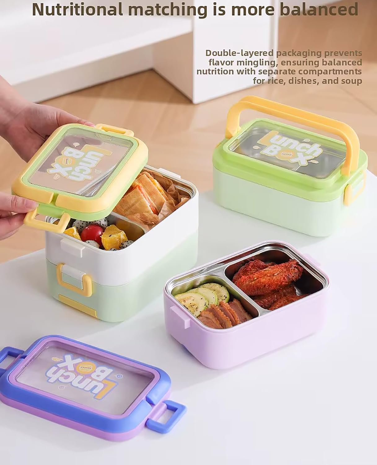 1200ml Double Layer Stainless Steel Lunch Box with Spoon & Fork