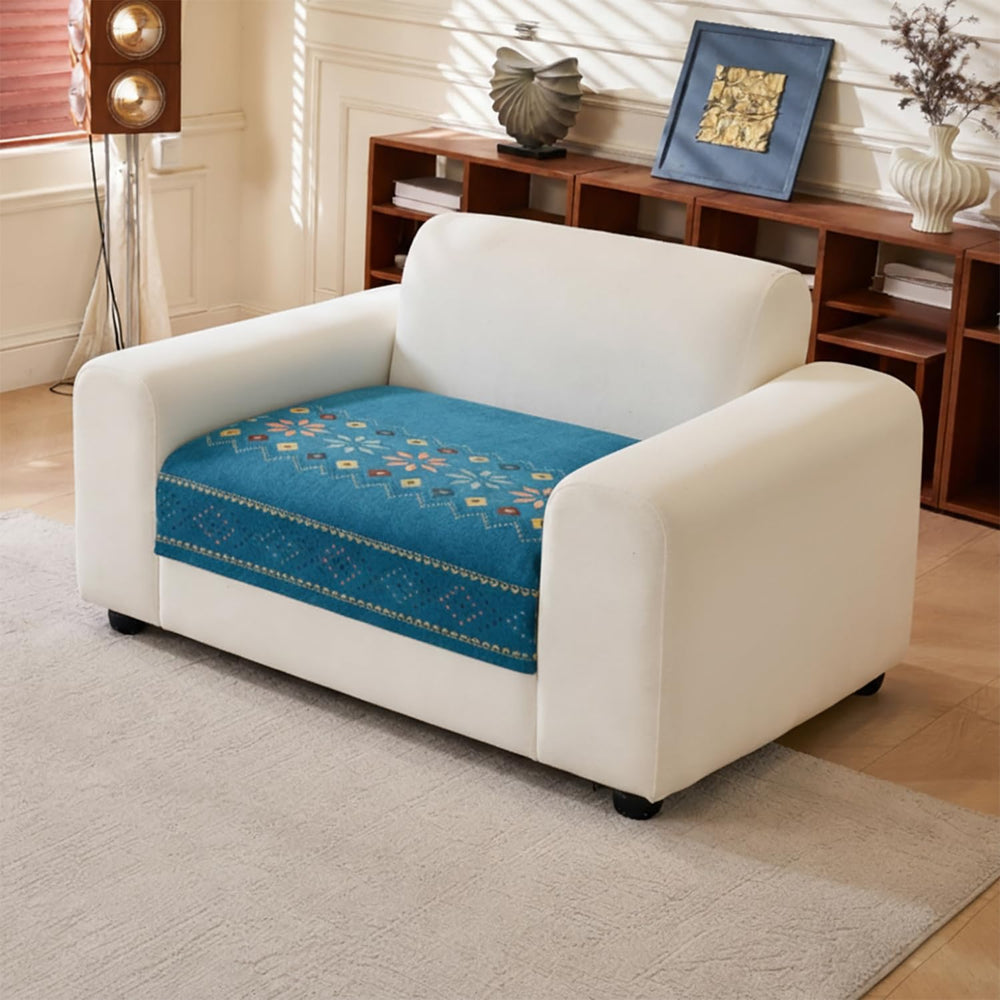 Rangoli Series Chenille Bohemia Couch Cover Quilted Non-Slip Washable Sofa Slipcover (Blue)