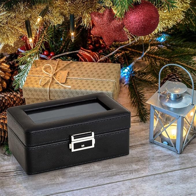 3 Slot PU Leather Watch Box with Glass Top,(Black)