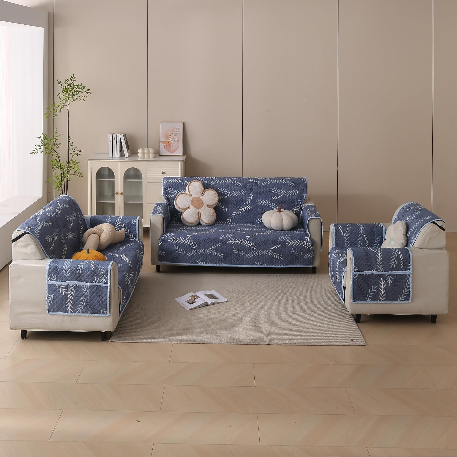 Polyester Sofa Cover Mat Reversible Couch Protector-Blue Fern