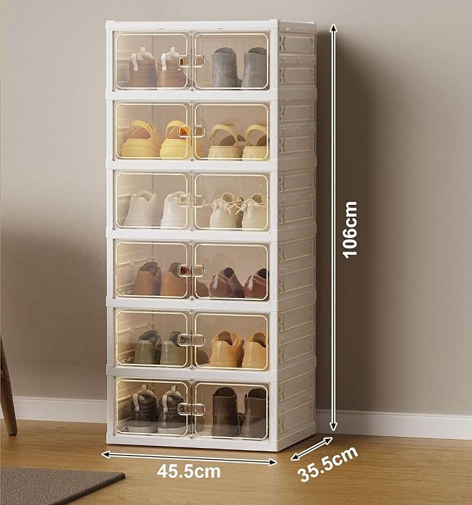 6 Layer Plastic Storage Bins with Lids - Shoe Storage box (Cream)