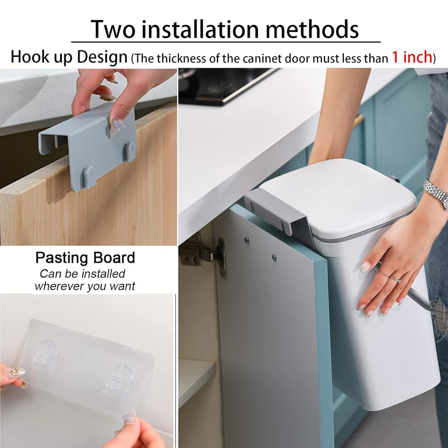 2-in-1 Wall & Cabinet Hanging Trash Can with Lid – 12.2L, Double-Sided Open (White/Grey)
