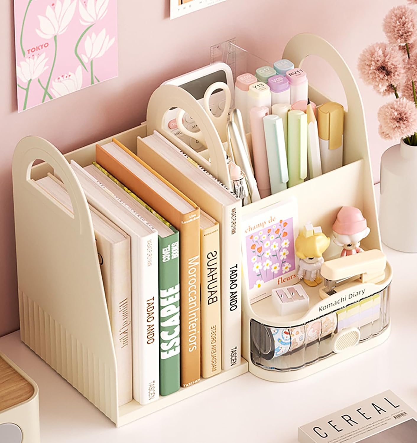 Modular Pen Holder & Desktop Bookshelf – Adjustable Left & Right Plastic Organizer (Cream)