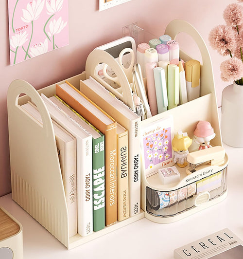 Modular Pen Holder & Desktop Bookshelf – Adjustable Left & Right Plastic Organizer (Cream)