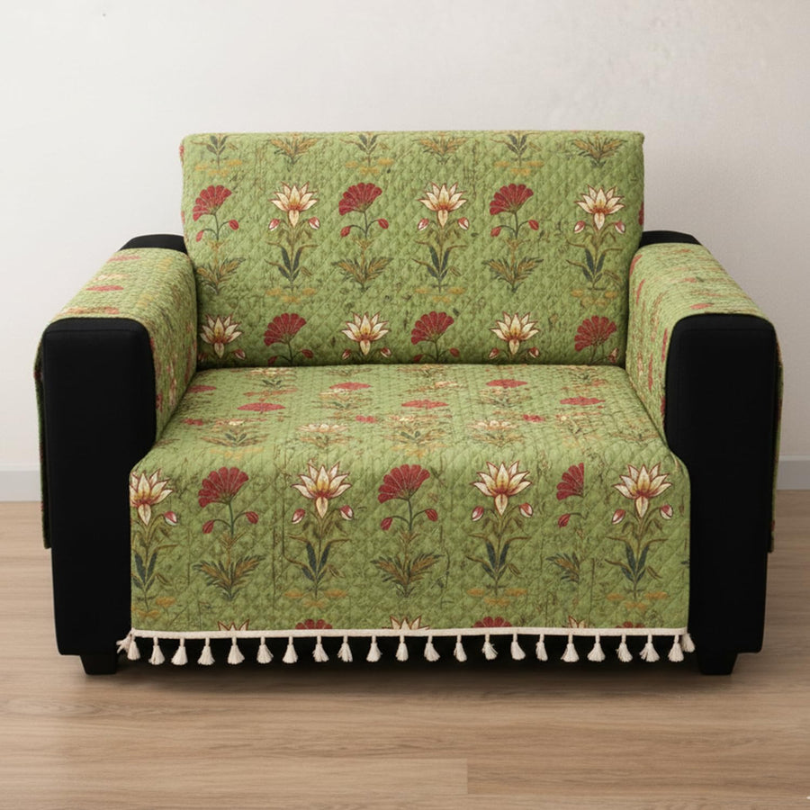 IKATRA Series Quilted Printed Sofa Cover for Indian Sofa Set with Side Pocket (Green Lotus)