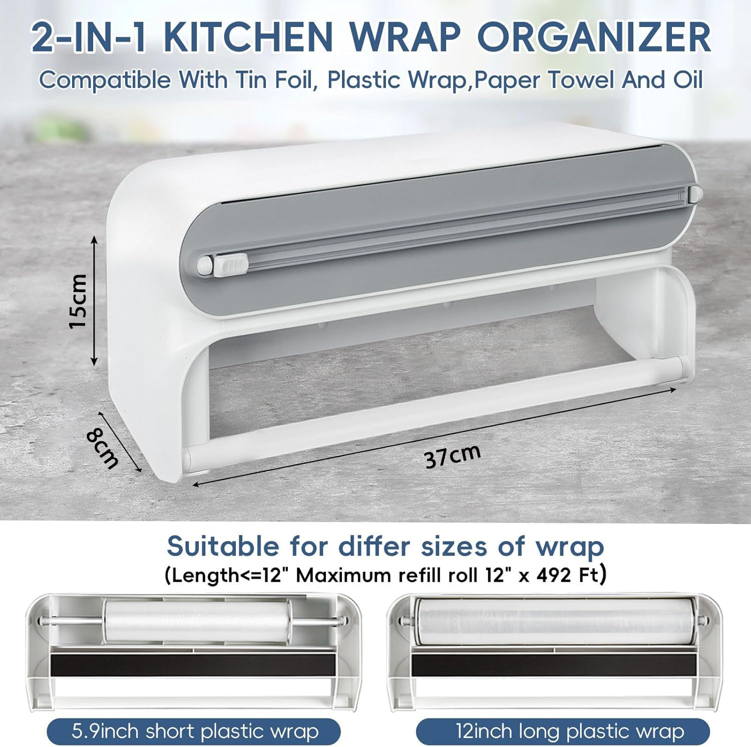 Magnetic Plastic Wrap Dispense 2-in-1  with Cutter – Grey