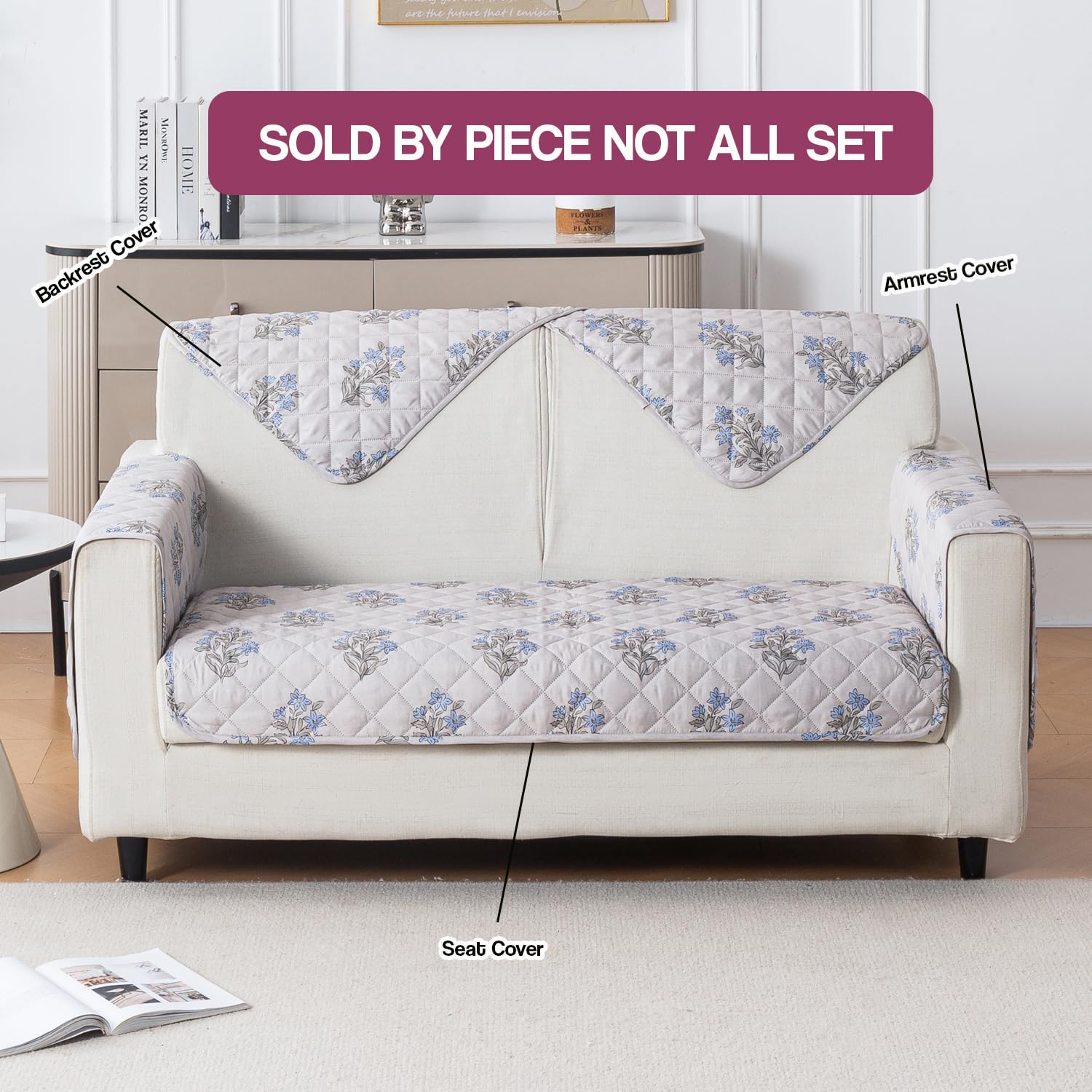 Printed Quilted Sofa Cover for 1/2/3/4 Seater Anti-Slip- Beige Wildflower
