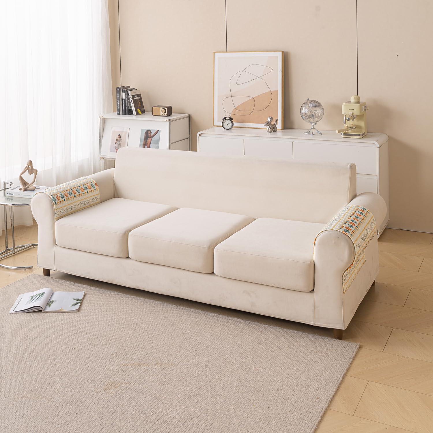 Printed Sofa Cover for Indian Sofa Set Quilted, Washable & Durable (Beige Garland)