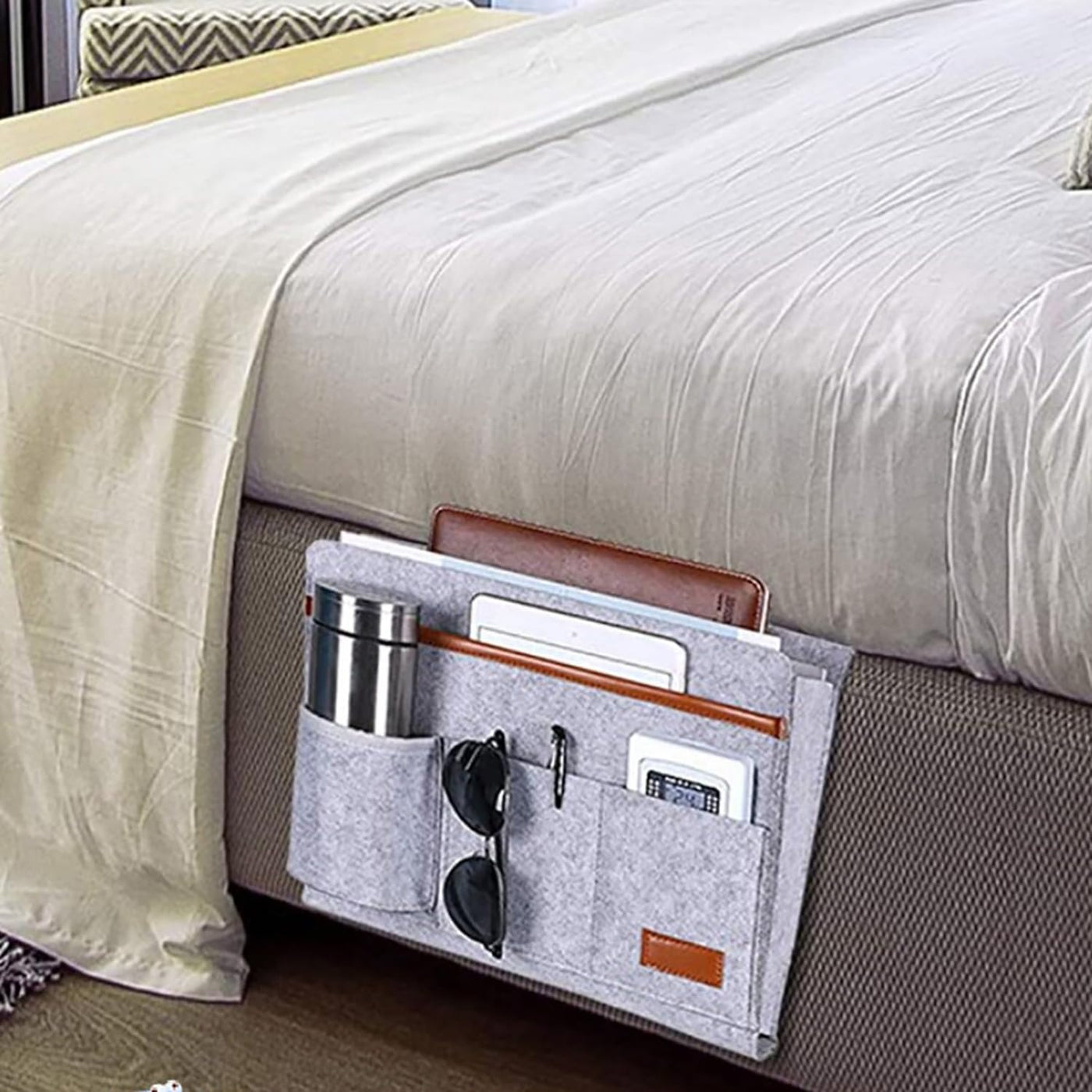Bedside Caddy, 5 Pockets Remote Control Holder Bed Sofa storage organizer Side Pocket Large (Dark Grey)