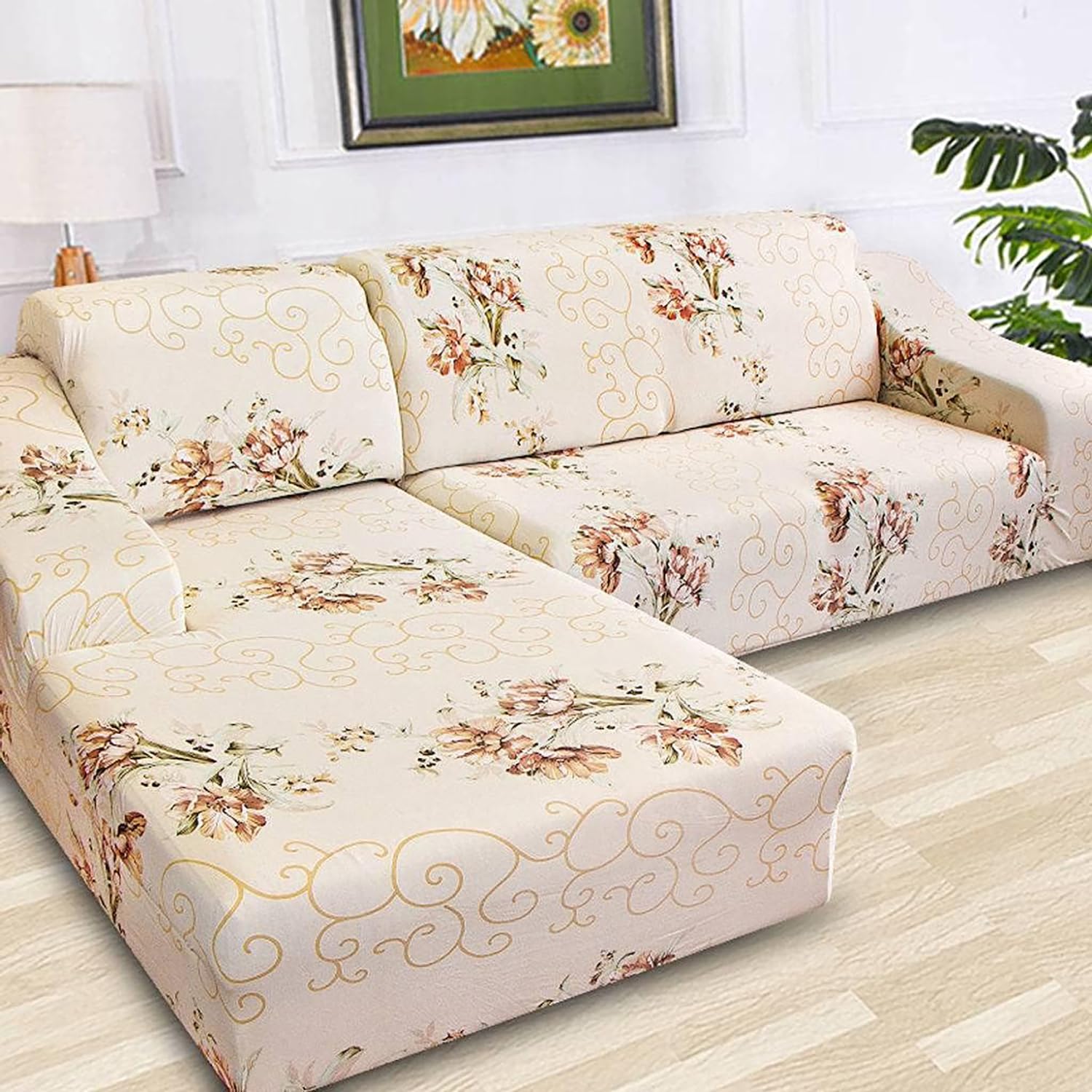 Universal 140 Gsm Sofa Covers L - Shape Slipcover 2Pcs (Beige Marigold)