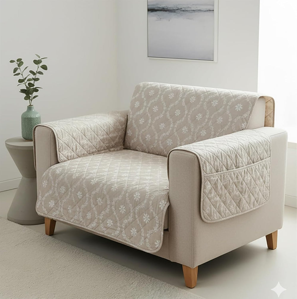 Mughal Series Anti-Slip Sofa Cover Mat with Pocket – Polyester Couch Protector(Beige Blossom)