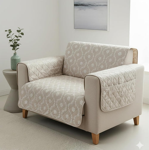Mughal Series Anti-Slip Sofa Cover Mat with Pocket – Polyester Couch Protector(Beige Blossom)