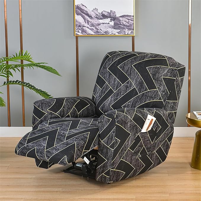 Recliner Slipcover 4 Pieces Chair Covers with Side Pocket Black Trellis