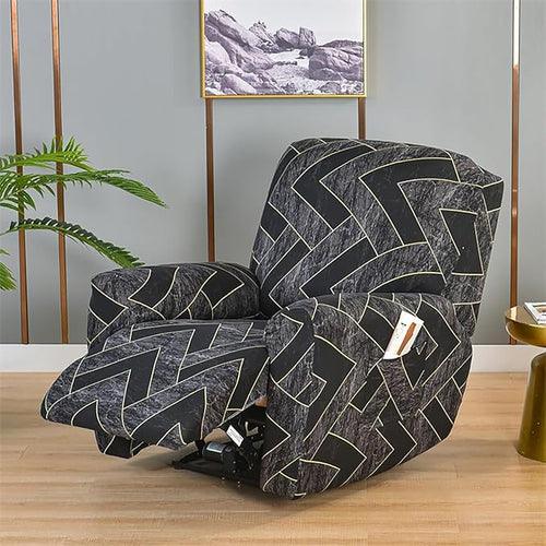 Recliner Slipcover 4 Pieces Chair Covers with Side Pocket Black Trellis