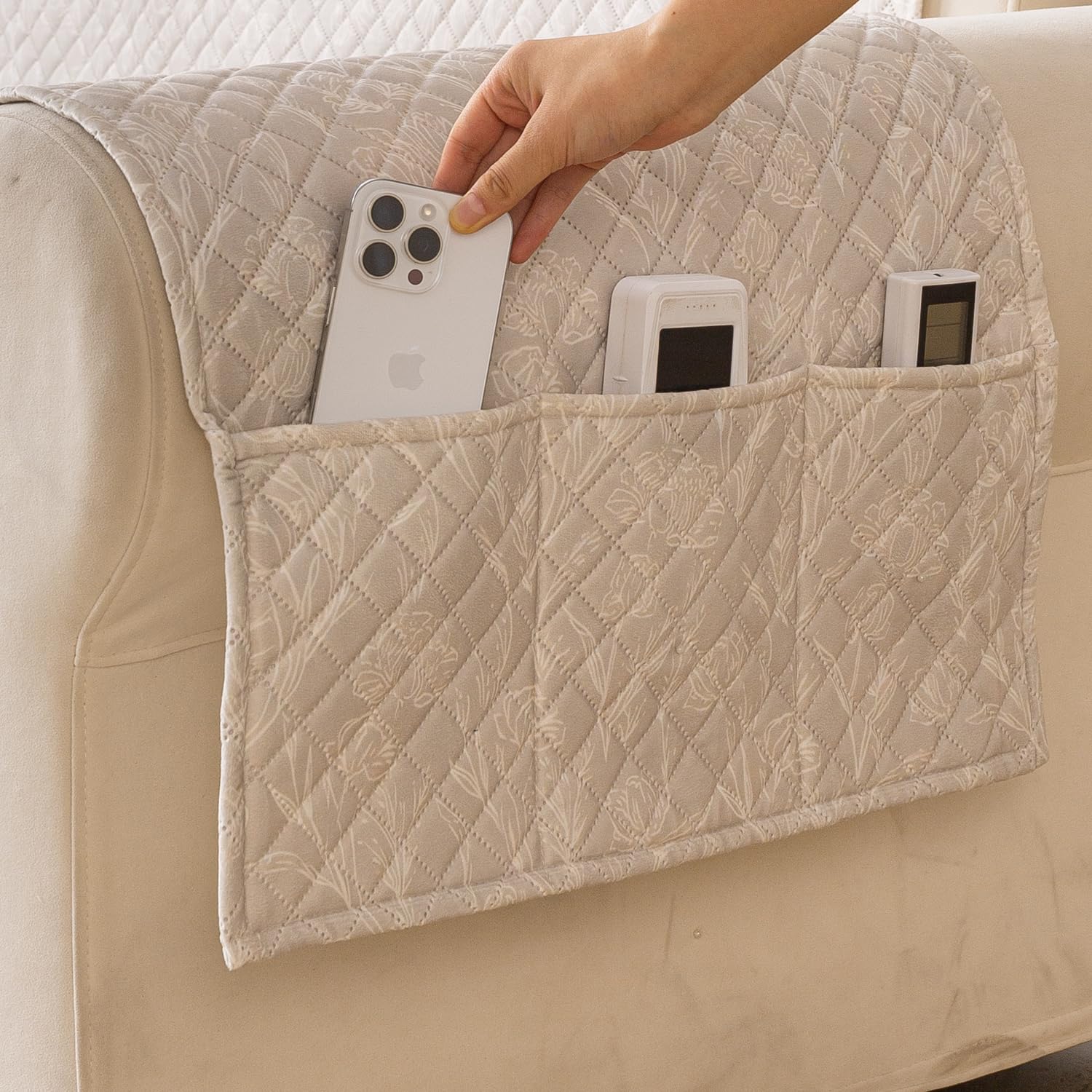 Quilted Printed Sofa Cover for Indian Sofa Set – Washable (Beige Stem)