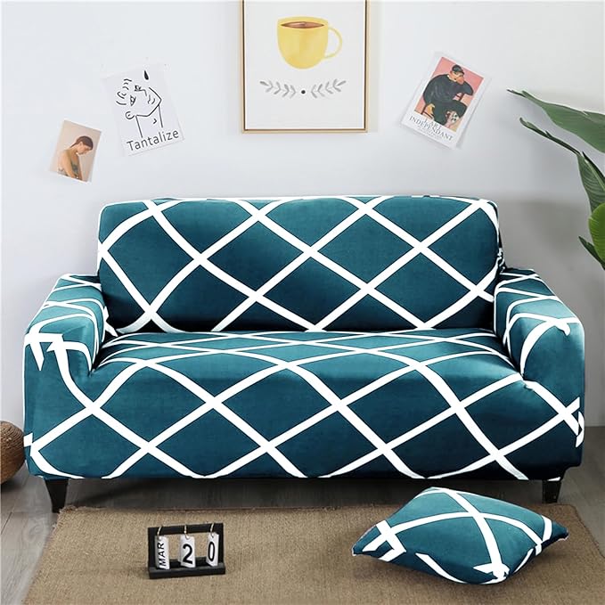 Polyester Spandex Printed Sofa Cover (Dark Blue Diamond)