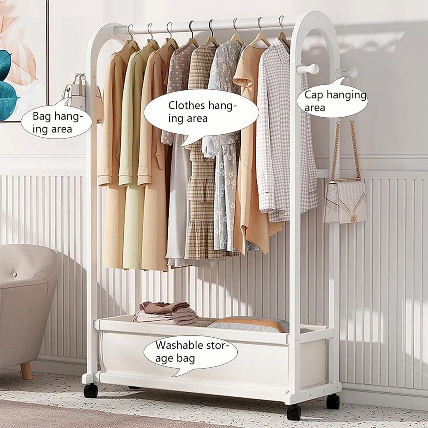 Portable Wooden Garment Rack Free-Standing Armoire (White, 100cm)