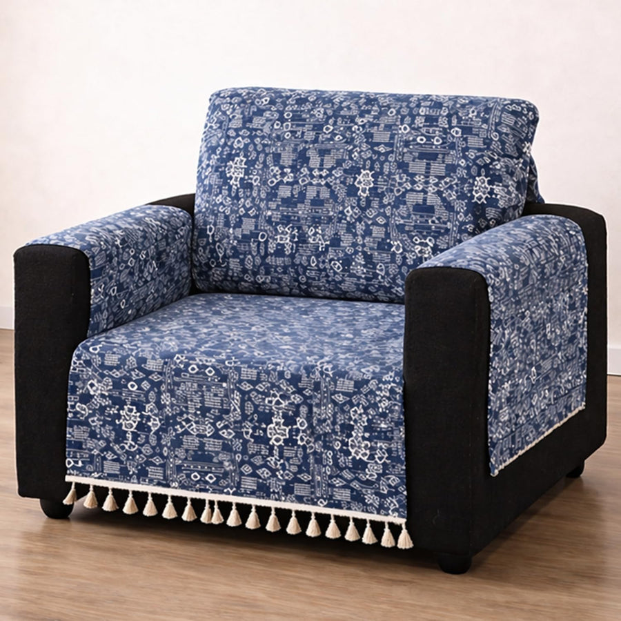 IKATRA Series Quilted Printed Sofa Cover for Indian Sofa Set with Side Pocket (Blue Bohemian)