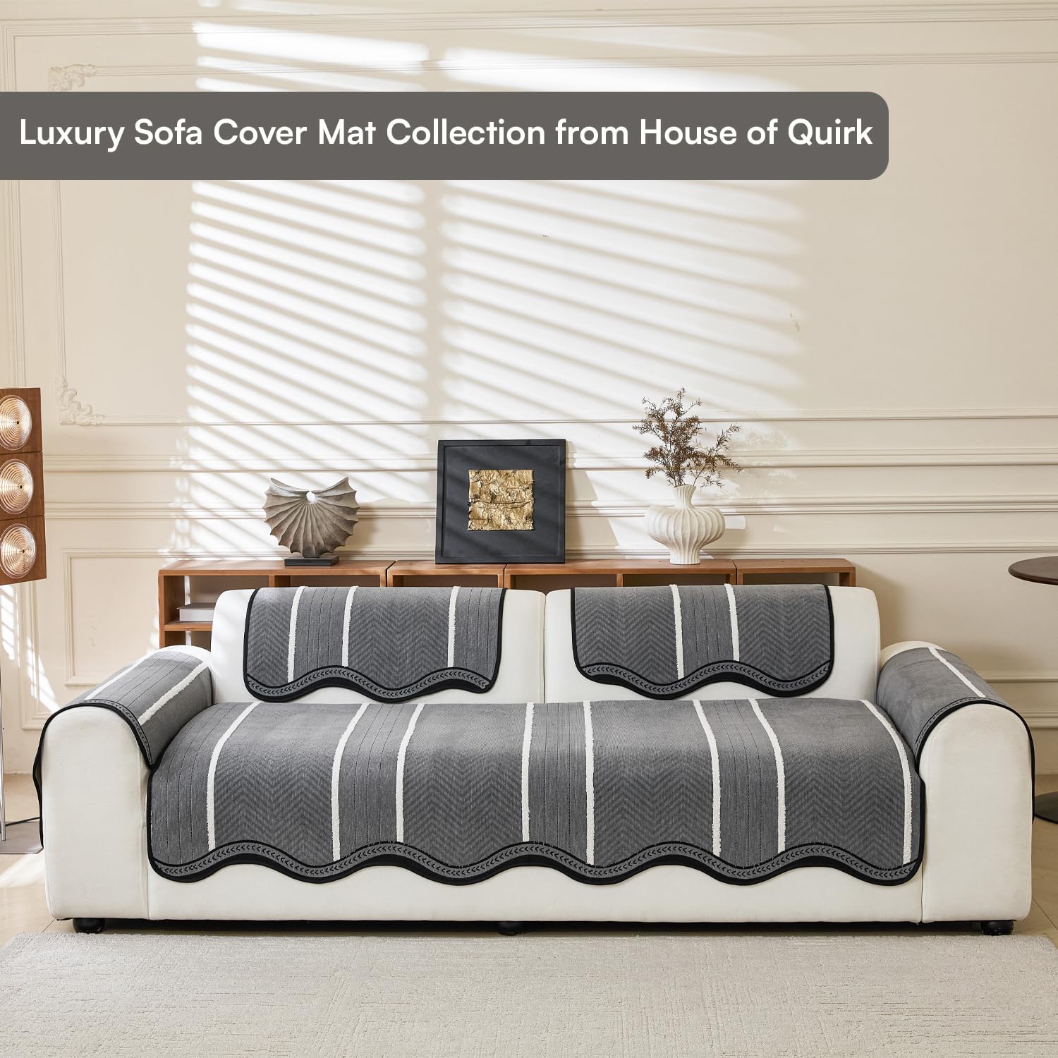 Loom Stripe Series Chenille Couch Cover Curved Edge Quilted Non-Slip Sofa Cover (Grey)