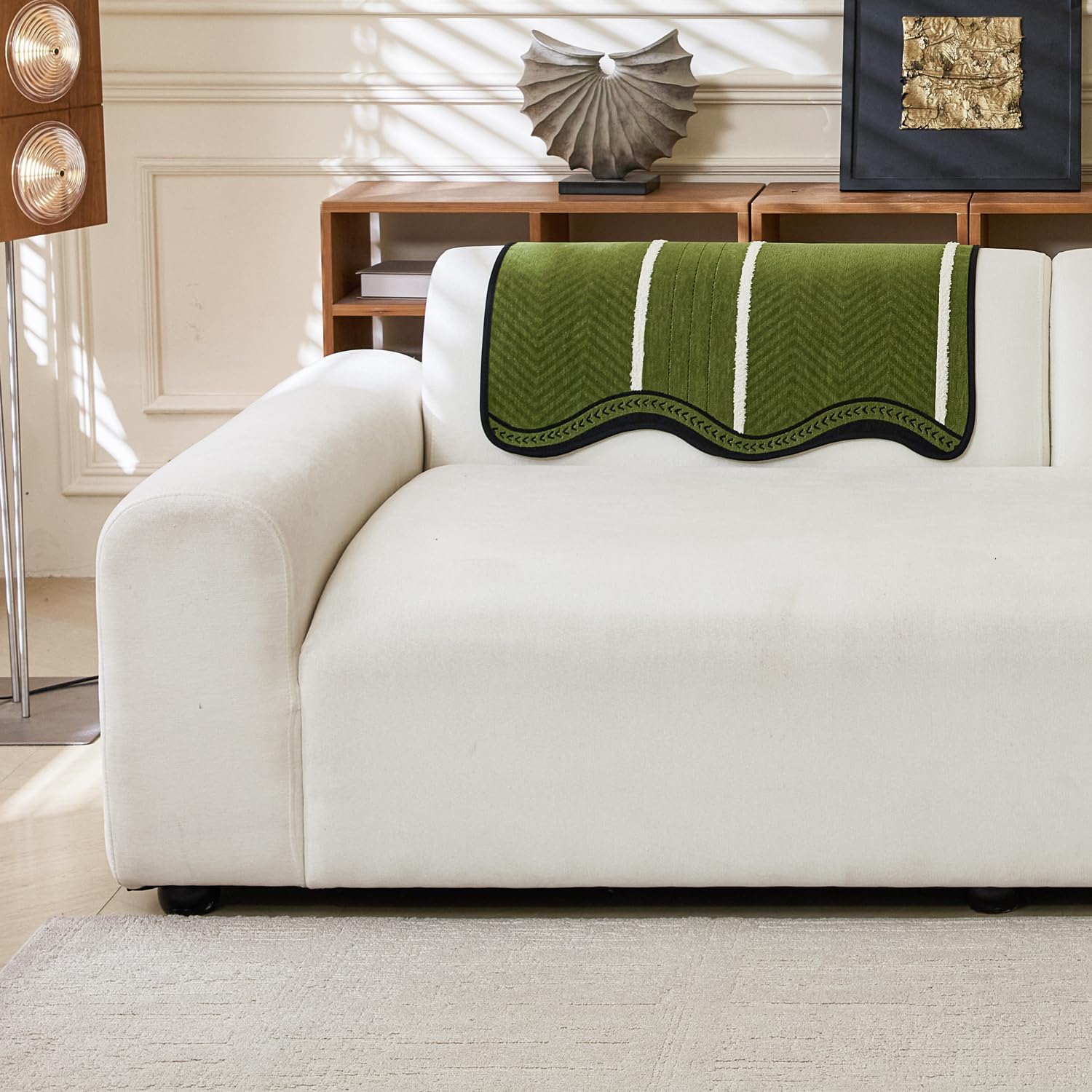 Loom Stripe Series Chenille Couch Cover Curved Edge Quilted Non-Slip Slipcover (Green)