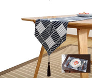 Table Runner, Linen Cotton Tassel Retro (1 Runner Blue Pattern)