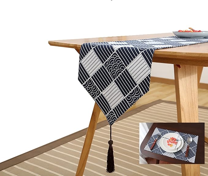 Table Runner, Linen Cotton Tassel Retro (1 Runner Blue Pattern)