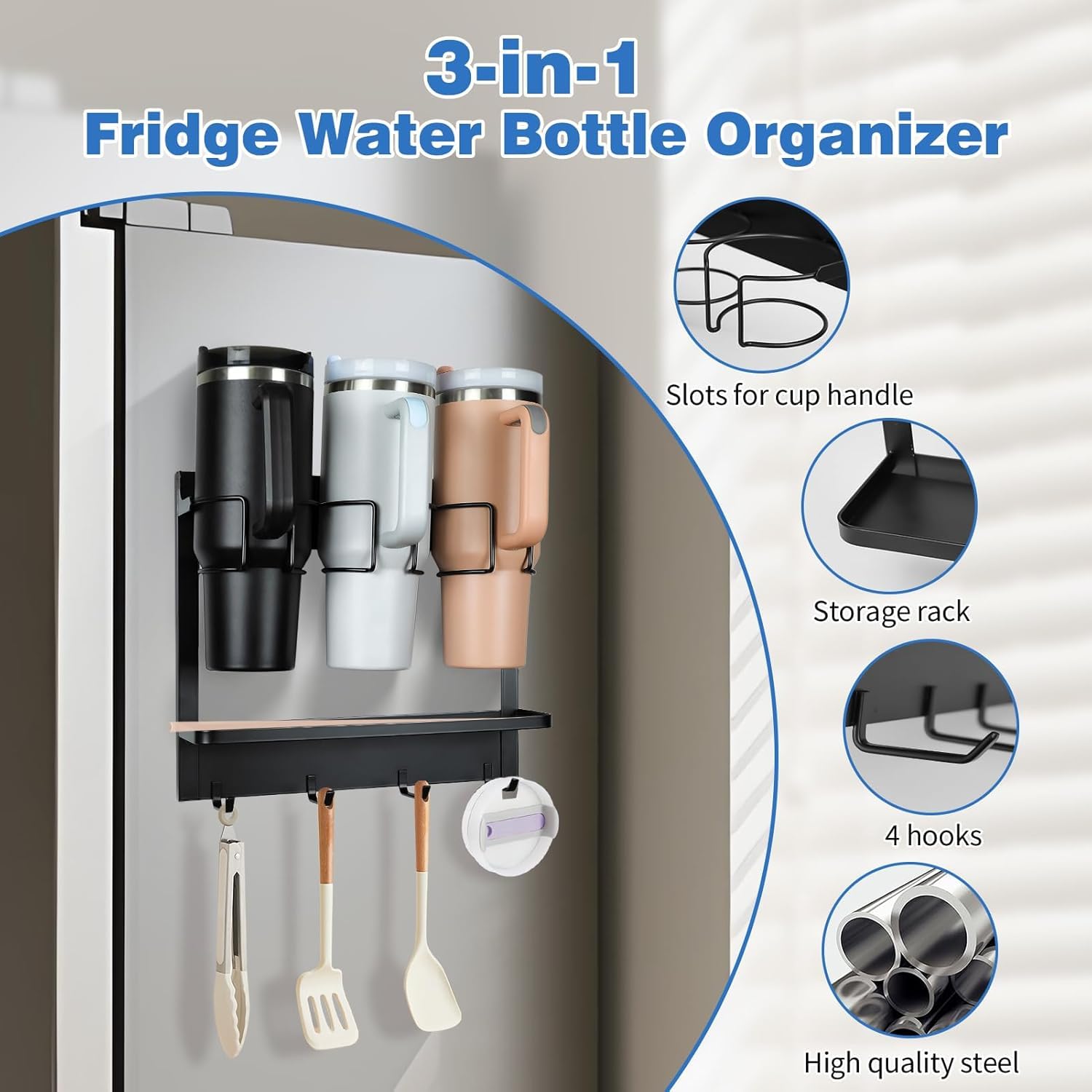 Magnetic Tumbler Organizer for 40 oz Water Bottle Holder with 4 Hooks (Black)