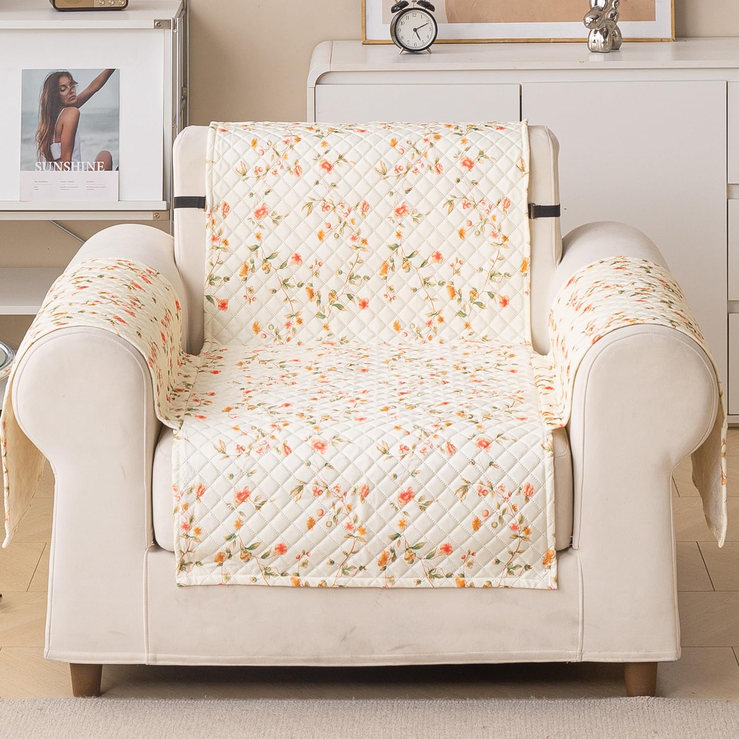 Quilted Printed Sofa Cover for Indian Sofa Set – Washable (Beige Tulip)