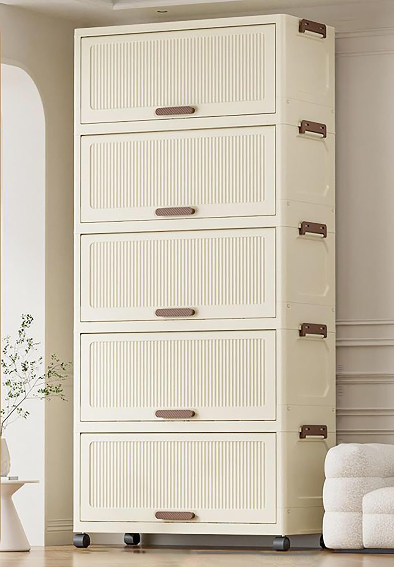 Storage Cabinet with Wheels Organizer with Multiple Compartments (Cream)
