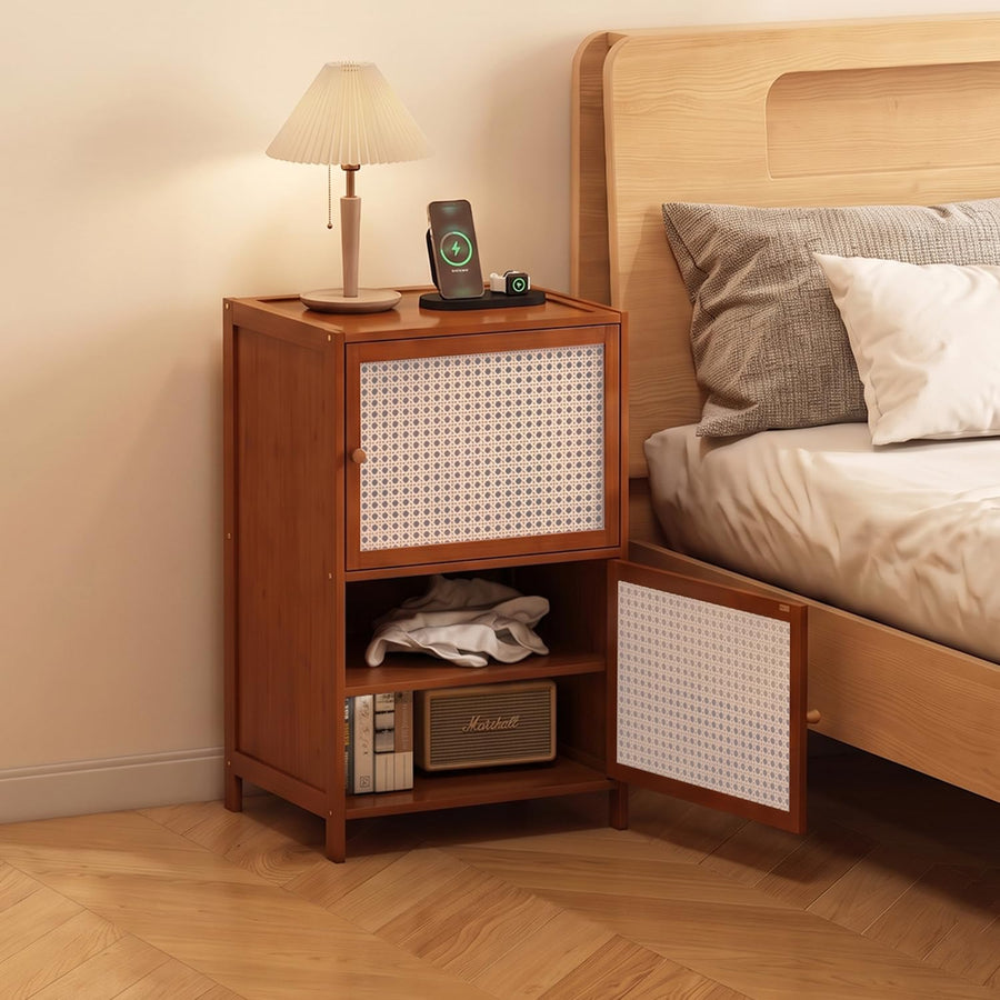 Wooden Cane Storage Cabinet with Rattan Doors - Brown