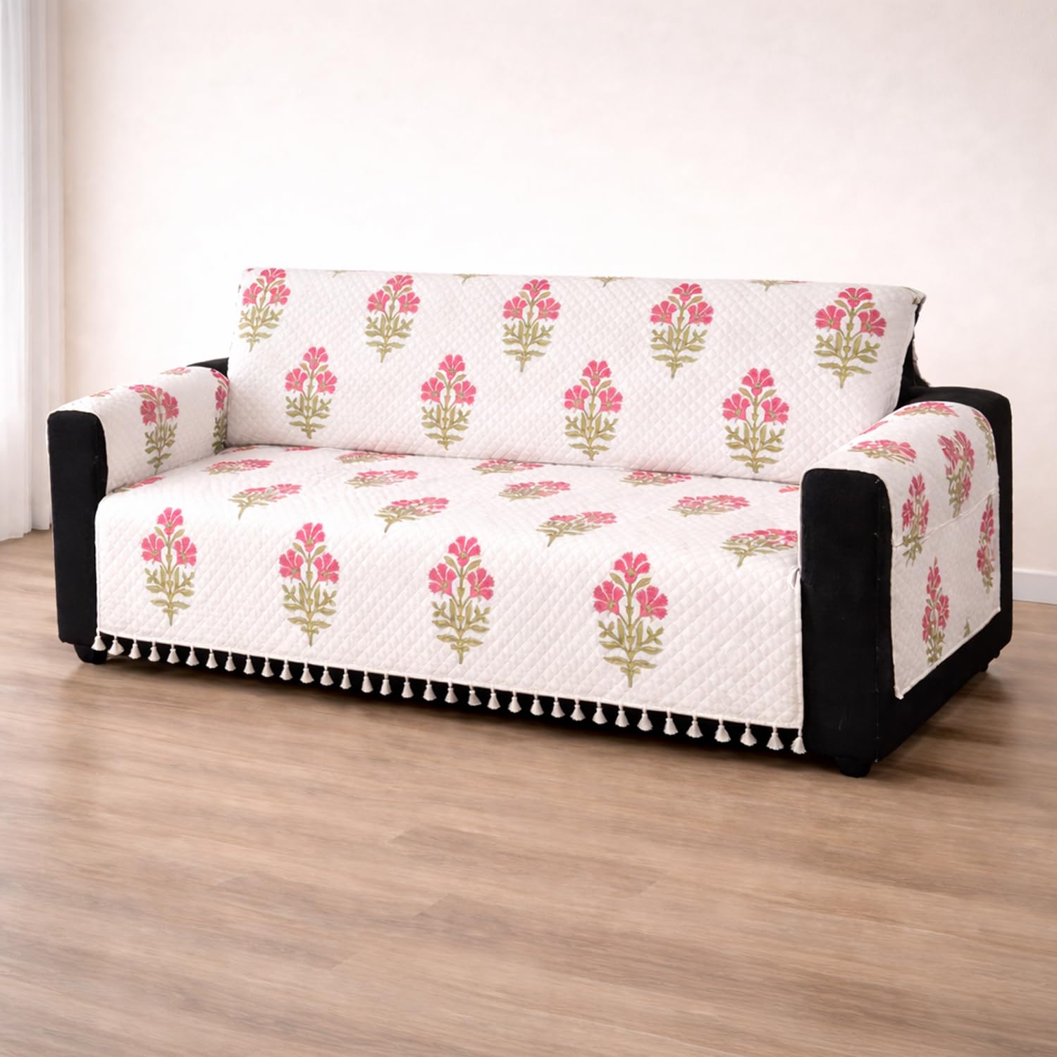 IKATRA Series Quilted Printed Sofa Cover for Indian Sofa Set with Side Pocket (Ivory Phool)
