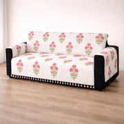 IKATRA Series Quilted Printed Sofa Cover for Indian Sofa Set with Side Pocket (Ivory Phool)