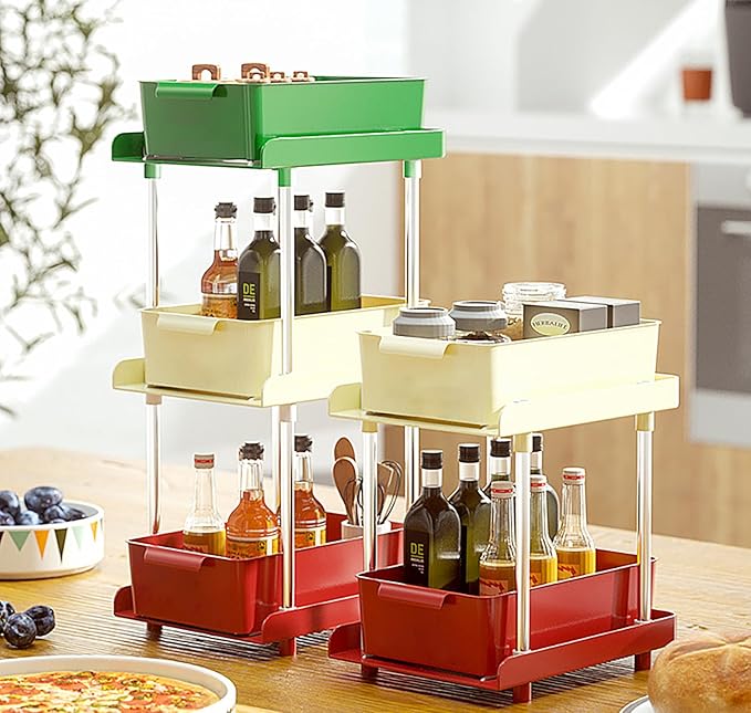 Under Sliding Cabinet Basket Organizer, 2 Layer Organizers (Red/Cream)