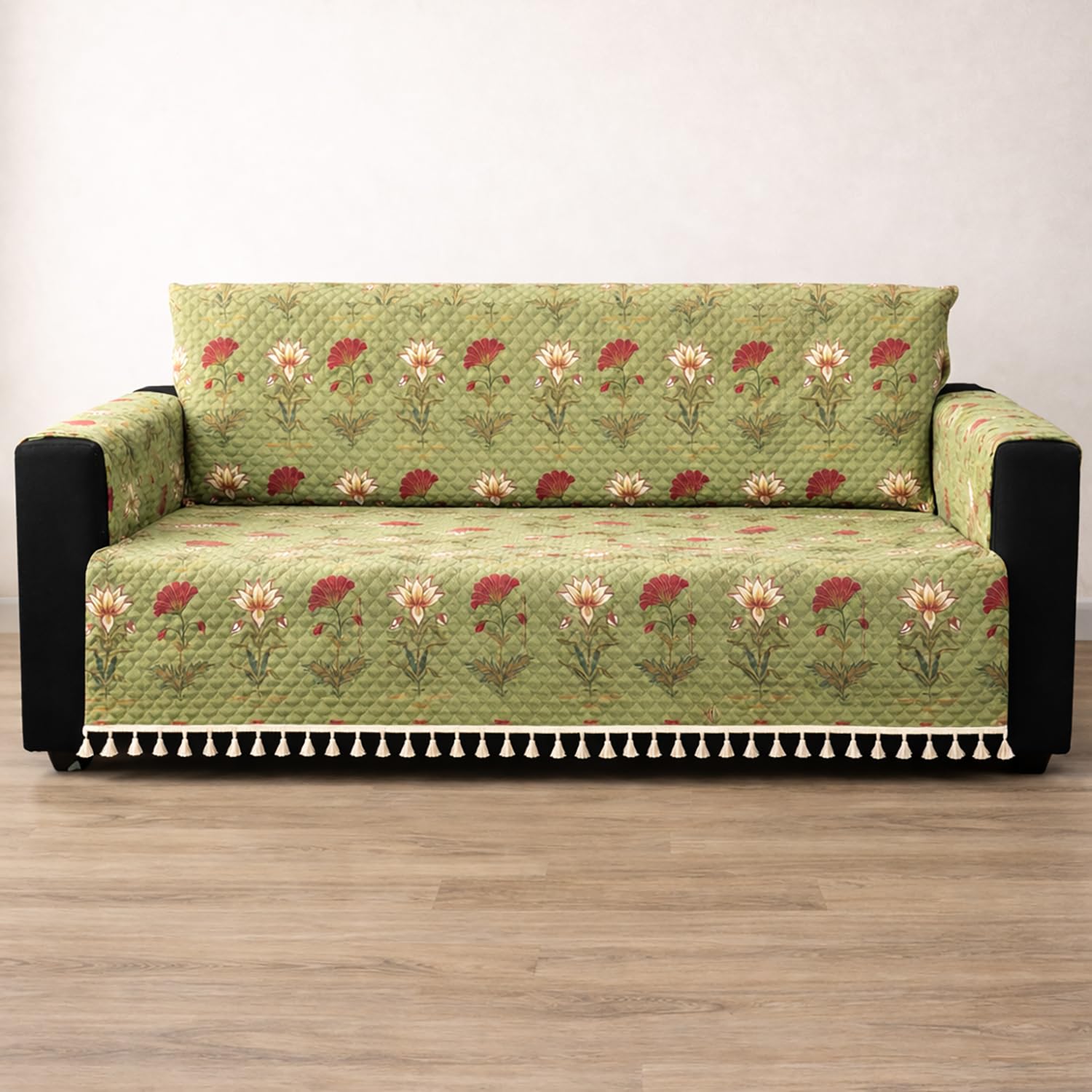 IKATRA Series Quilted Printed Sofa Cover for Indian Sofa Set with Side Pocket (Green Lotus)