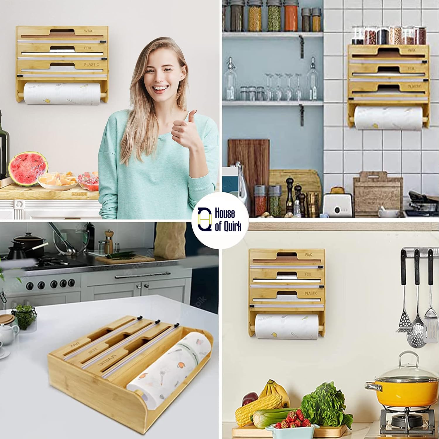 Foil and Plastic Wrap Organizer, Wall Mount, 5 in 1 Plastic Wrap Food Dispenser with Cutter