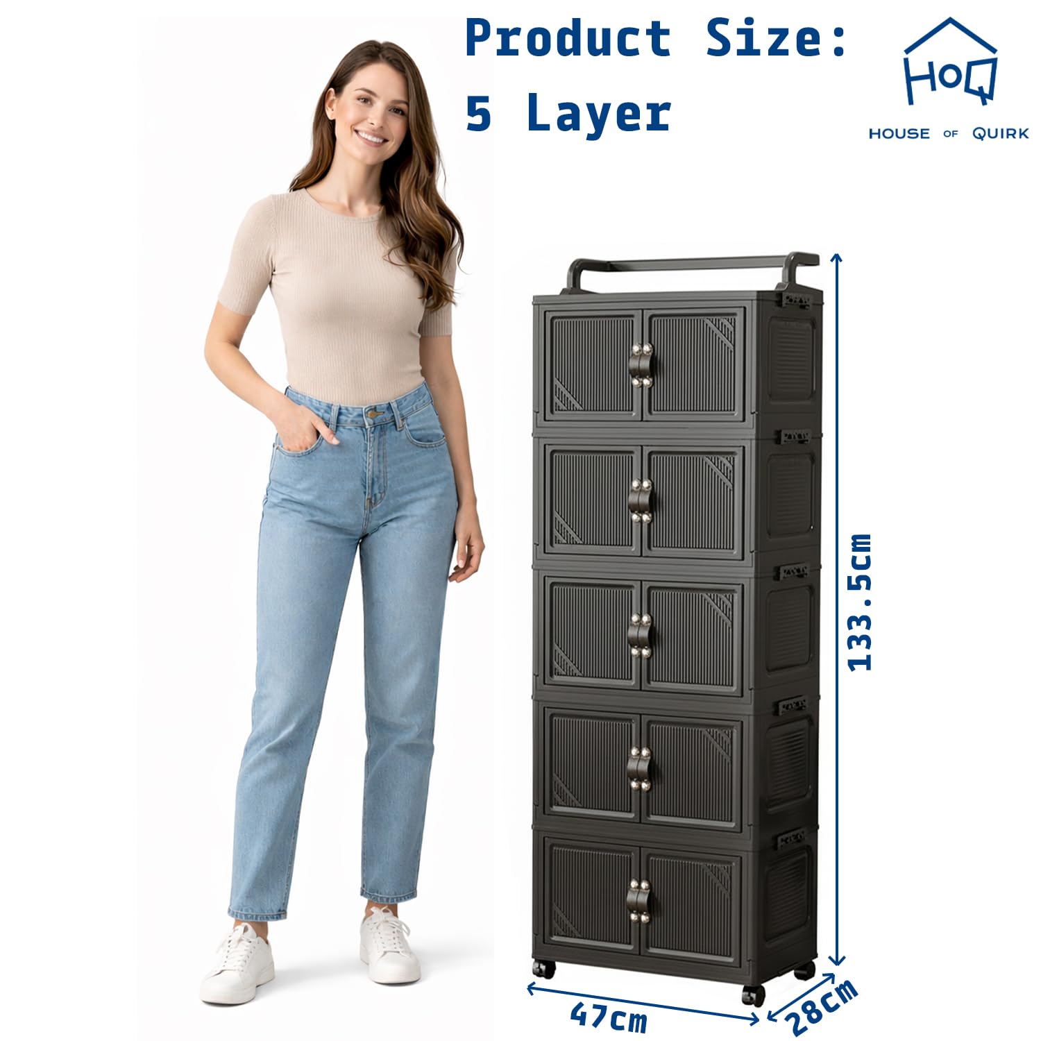 Foldable Storage Box Cart with Handle & Wheels (Black)