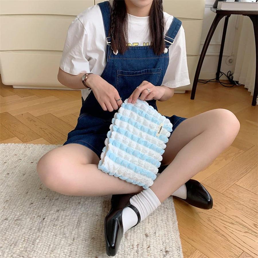 Makeup Bag Cute Makeup Bag Small Cosmetic Pouch (White/Blue)