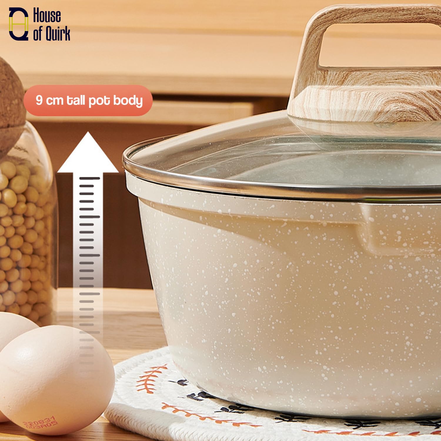 Maifan Stone Nonstick Sauce Pan with Glass Lid Wooden Handle (Granite Beige)