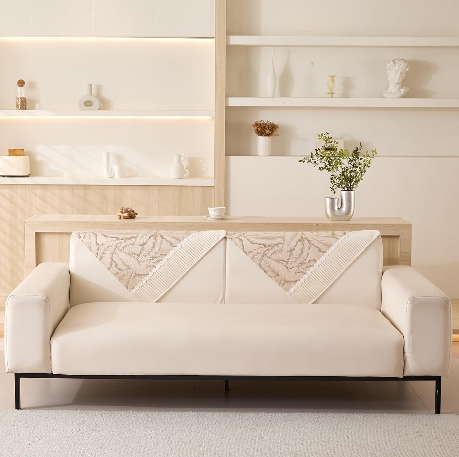 Sofa Cover Mat Leaf Pattern Chenille Fabric Seater Sofa (Beige)