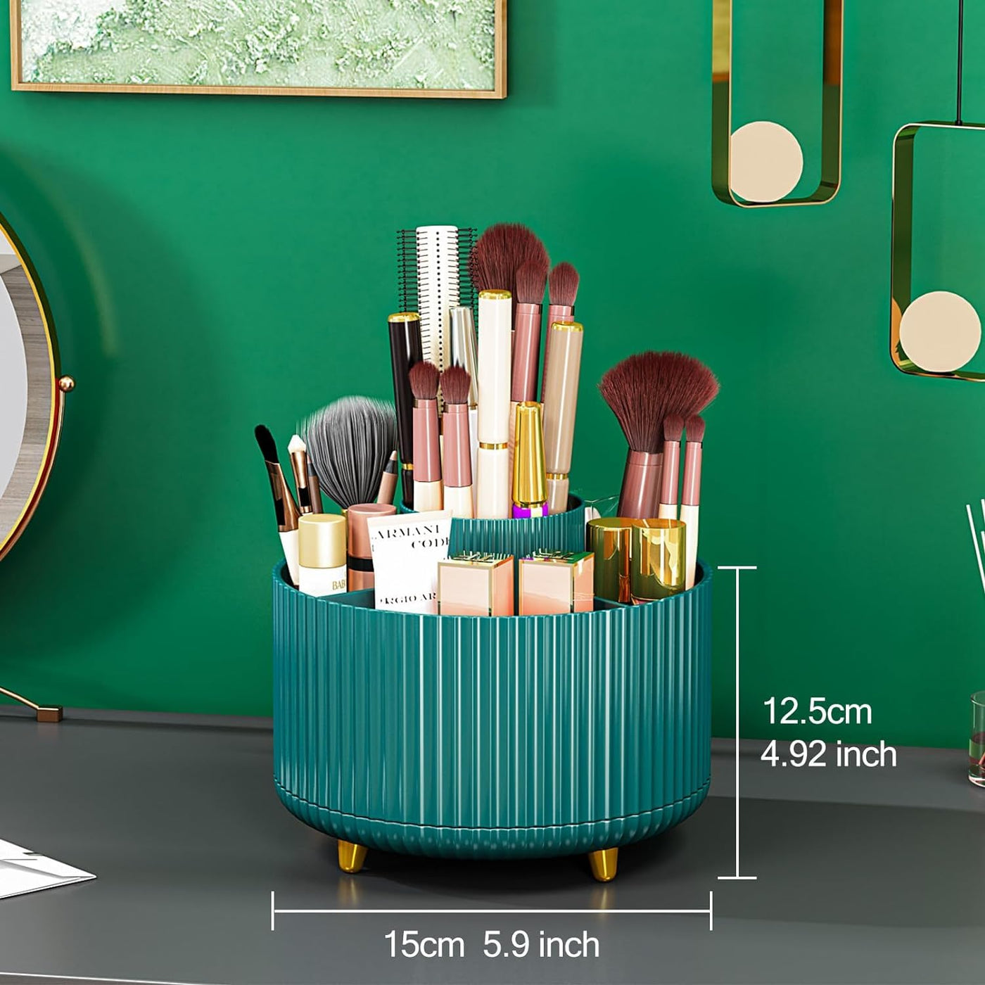 Makeup Brush Holder Organizer, 360° Rotating 5 Slot Make up Brushes Cup for Desktop Organizer (Green)