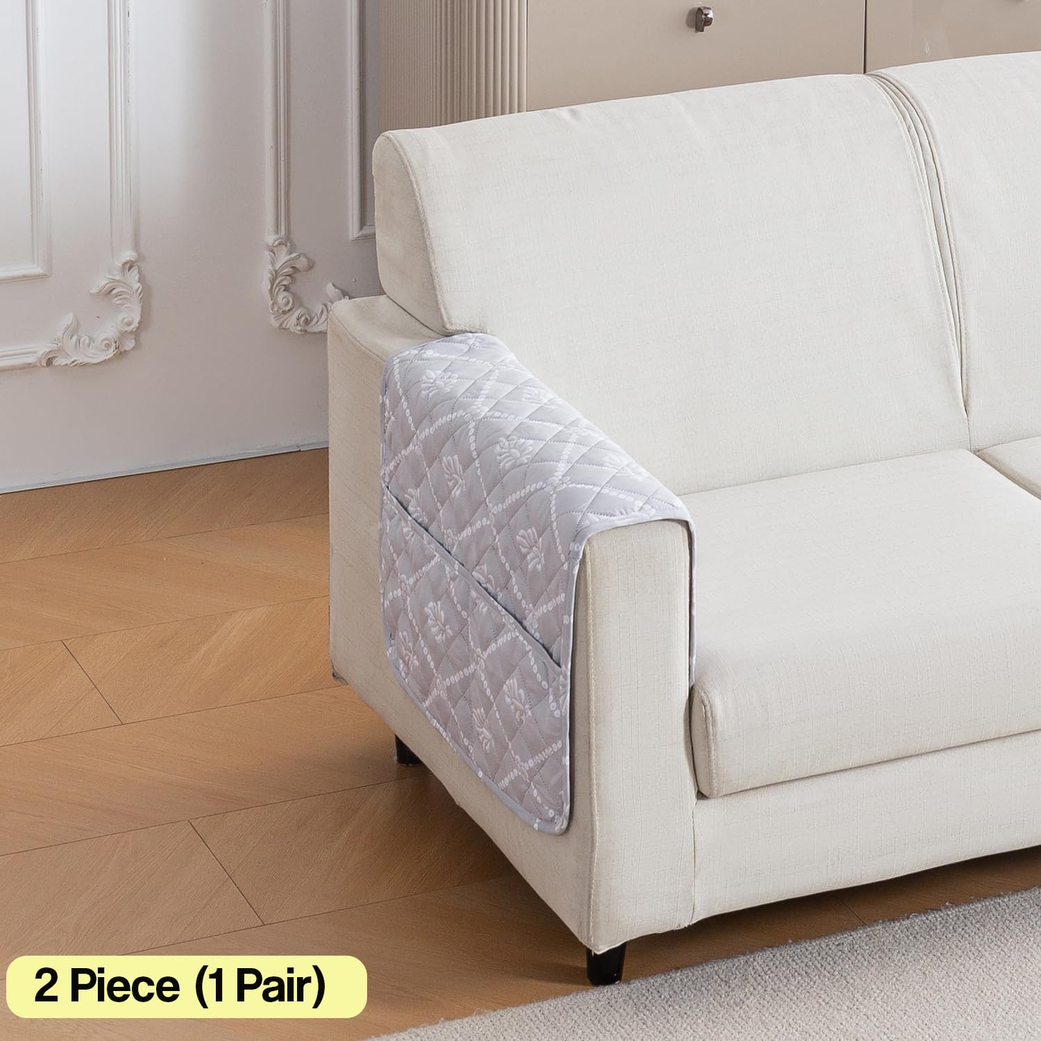 Printed Quilted Sofa Cover for 1/2/3/4 Seater Anti-Slip- Grey Canvas