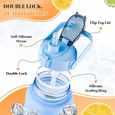 Set of 3 Water Bottle with Straw 2 Litre+900ml+280ml (Blue/Orange)
