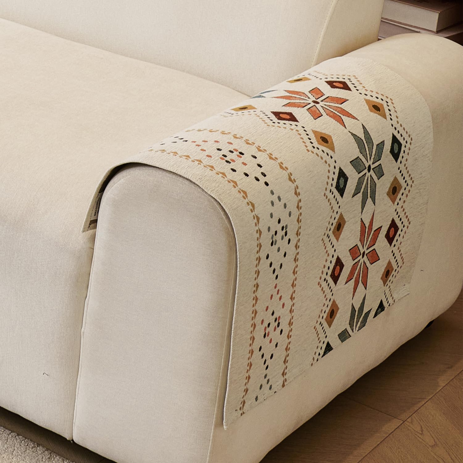 Rangoli Series Chenille Bohemia Couch Cover Quilted Non-Slip Washable Sofa Slipcover, Soft Furniture Protector (Cream)